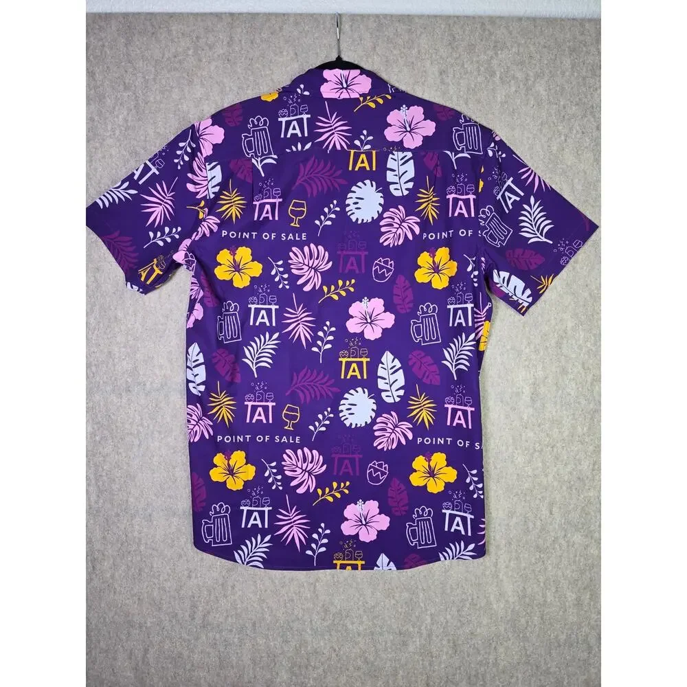 Roody Mens Point of Sale Tropical Hawaiian Button Down Shirt Purple Medium